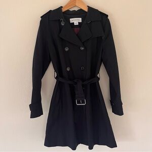 VTG Liz Claiborne Coat Black Trench Double Breasted Belted Women Med Minimalist